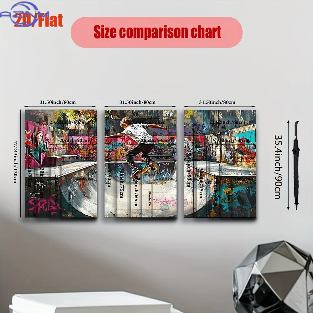 Set of 3pcs, Frameless  Canvas Artworks Featuring a Skateboarder Performing Tricks, Suitable for Posters And Prints in Living