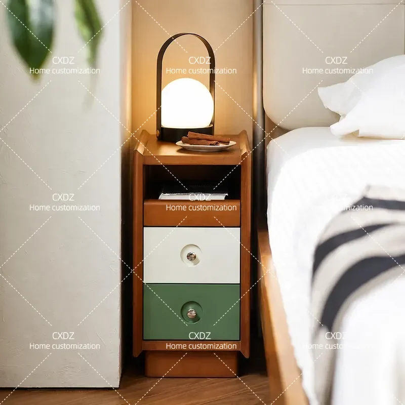 Retro Solid Wood Bedside Table Color Matching Nightstand Small Storage Cabinet for Bedroom Simple Design Compact Size