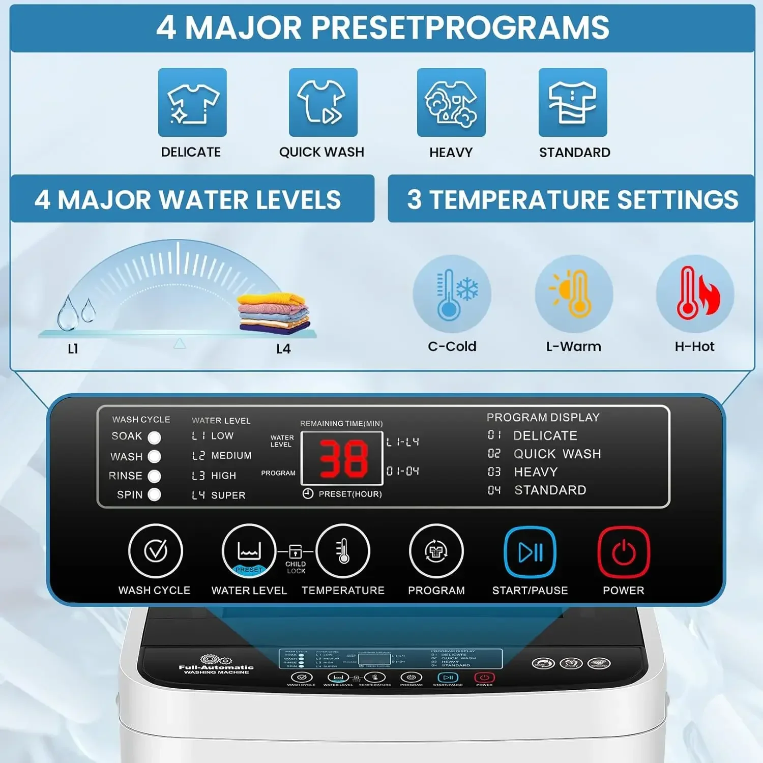 Nictemaw Portable Washing Machine, 20Lbs Capacity Portable Washer with Drain Pump, 4 Wash Programs 4 Water Levels 3 Water