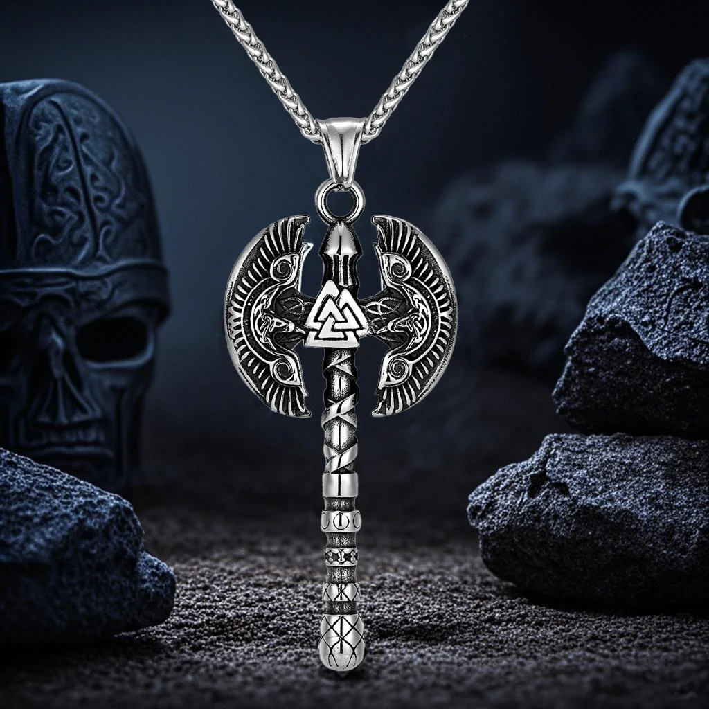Nordische Runen Odins Rabe Riesenachsen Halsketten Männer Edelstahl Wikinger Valknut Amulett Anhänger Skandinavischer Schmuck Männliche Geschenke