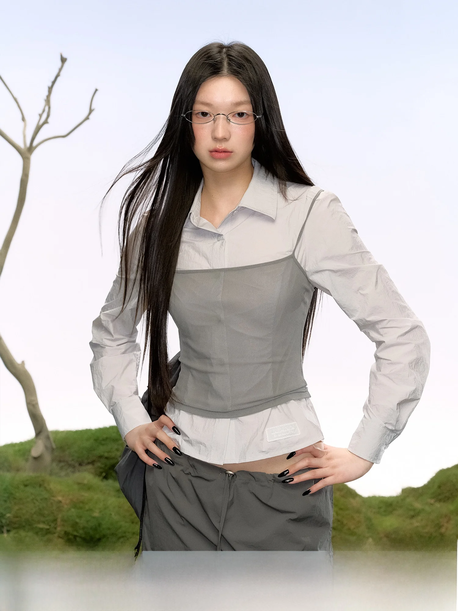 

Ele Lace-Embroidered irt And Me Strap Women's Summer Faion Set by La Lune Du Ciel Long Sve Ne Two-Piece Suit