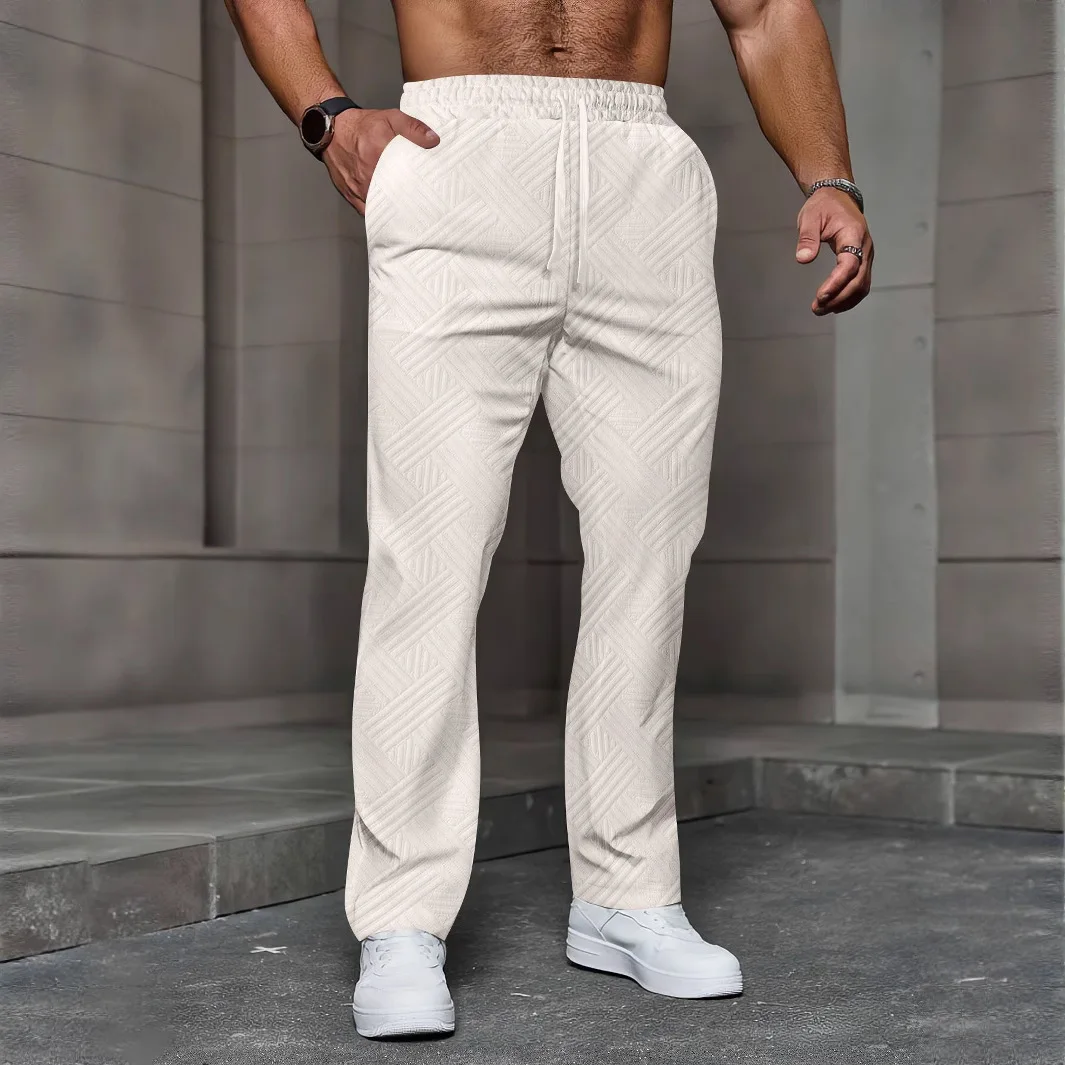 Men's Geometric Textured Drawstring Pants, Casual Straight Leg Trousers with Elastic Waist for Daily Wear