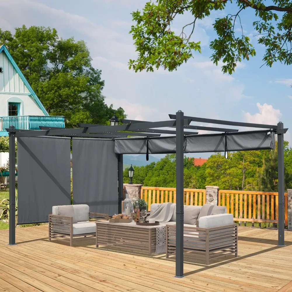 12' x 14'Outdoor Pergola Retractable Shade Canopy,Dark Gray Aluminum Frame,2 Pieces Roller Shade Curtain, Grape Trellis Pergola