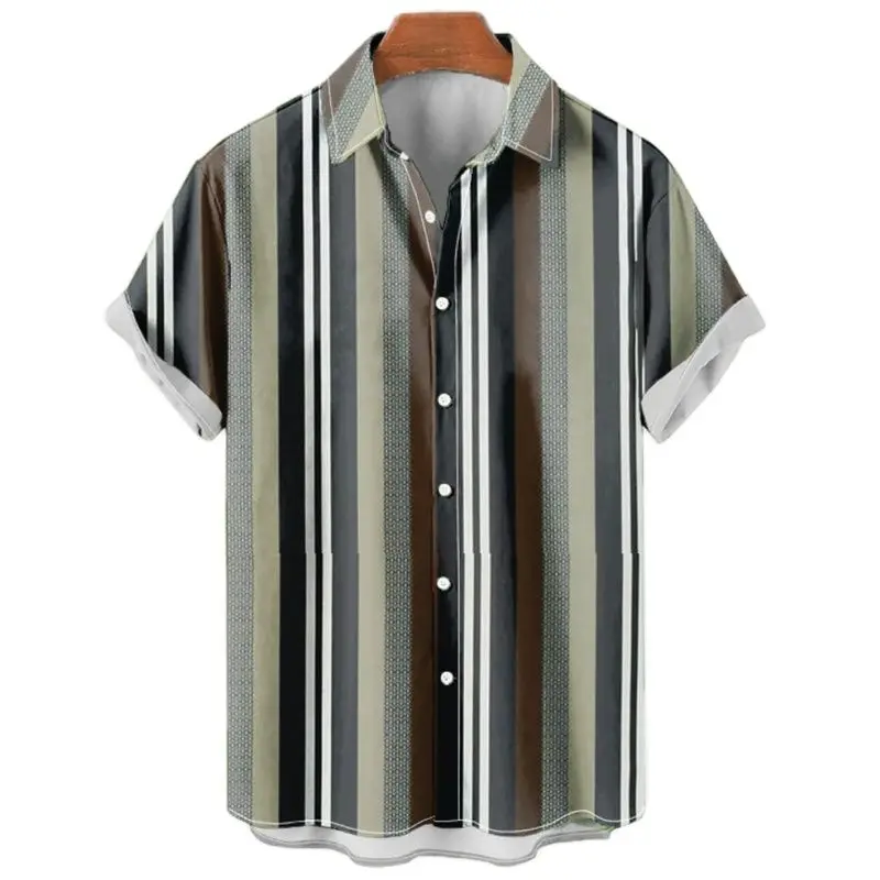 Men\'s Hawaiian Shirt Summer Stripes Print Short Sleeve Top Tees Fashion Casual Social Shirts Lapel Button Oversized Men Clothing