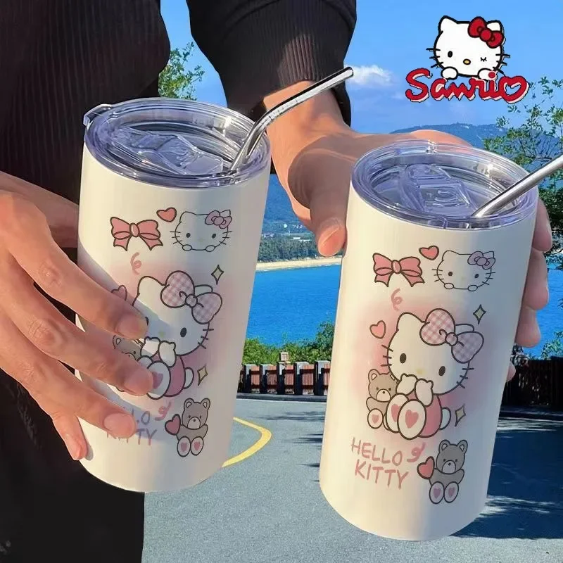 600ml Sanrio Hello Kitty Coffee Cup Cute Cartoon 304 Stainless Steel Water Cup Thermos Cup Portable Straw