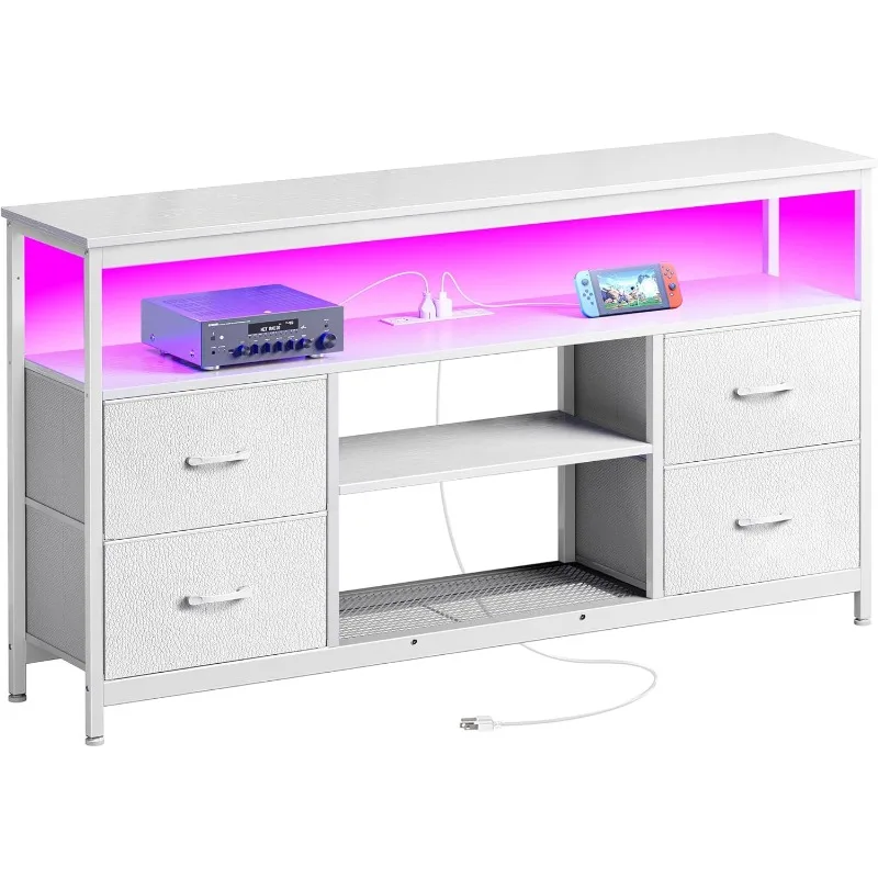 TV Stand Dresser with Power Outlets and LED Lights, 4 Drawers Entertainment Center with Shelf, 54 Inch Media Console