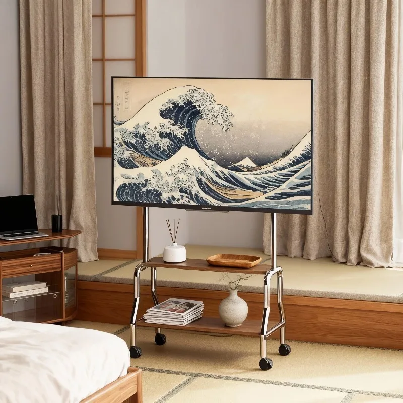 Multifunctional Mobile TV Stand Carbon Steel Sturdy Rolling TV Cart with Wooden Shelf for 32-75 Inch TVs in Home and Office Use