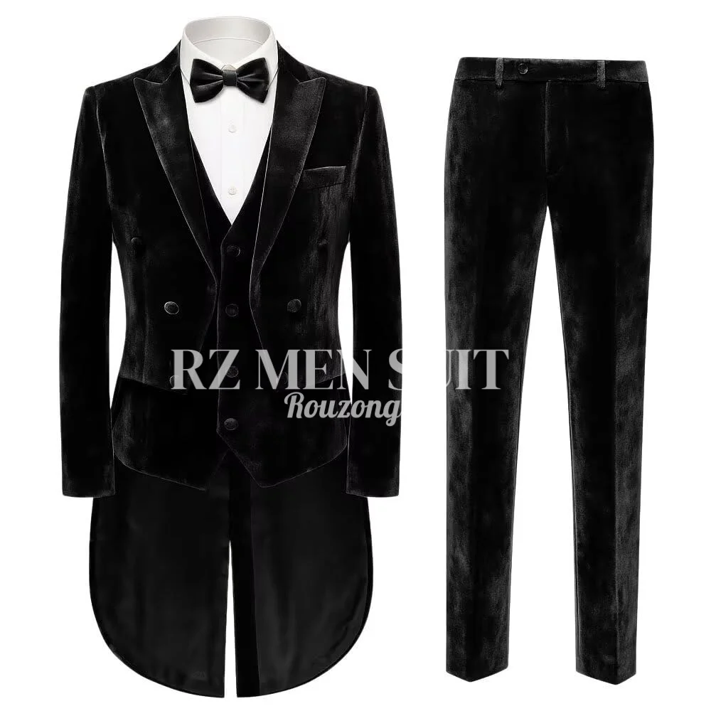 

Mens Suit 3 Piece Velvet Tailcoat Tux for Wedding Party Banquet Slim Fit Long Tail Tuxedos Double Breasted Vest Pants