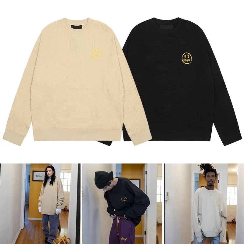 드류 하우스 프리미엄 스마일리 자수 스트리트웨어 유니섹스 커플 오버사이즈 크루넥 니트 스웨터