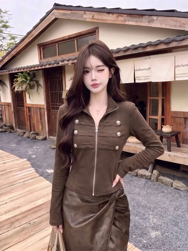 Women American Retro Stand Collar Zip Up Top 2026 New Autumn Slim Fit Long Sleeve Jacket