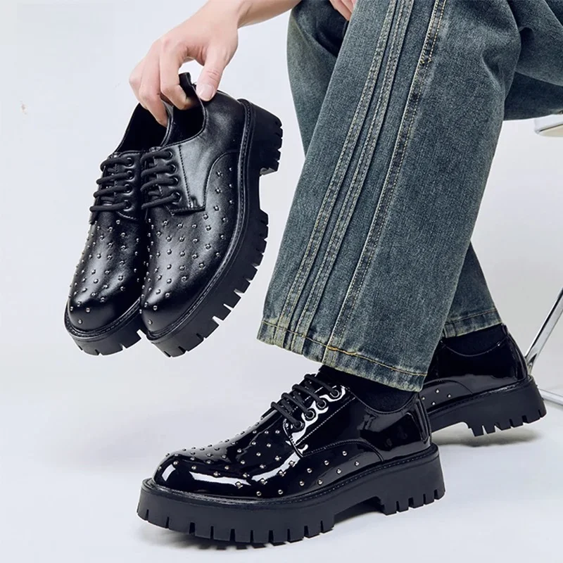 Men Rivet Chunky Derby Shoes Punk Style Patent Leather Platform Oxford Shoes Height Increasing Casual Dress Shoes for Men Black