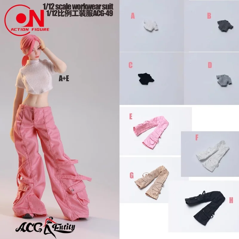 ACG-49 1/12 스케일 여성 단색 반팔 티셔츠 작업복 의상 모델 6인치 군인 액션 피규어 바디 인형용