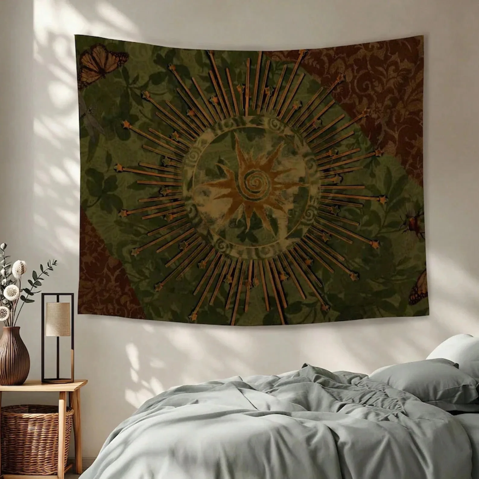 1pc Moss Green Mandala Tapestry,Vintage Botanical Wall Hanging,Mystic Nature Aesthetic, Home Decor For Living Room Bedroom Dorm
