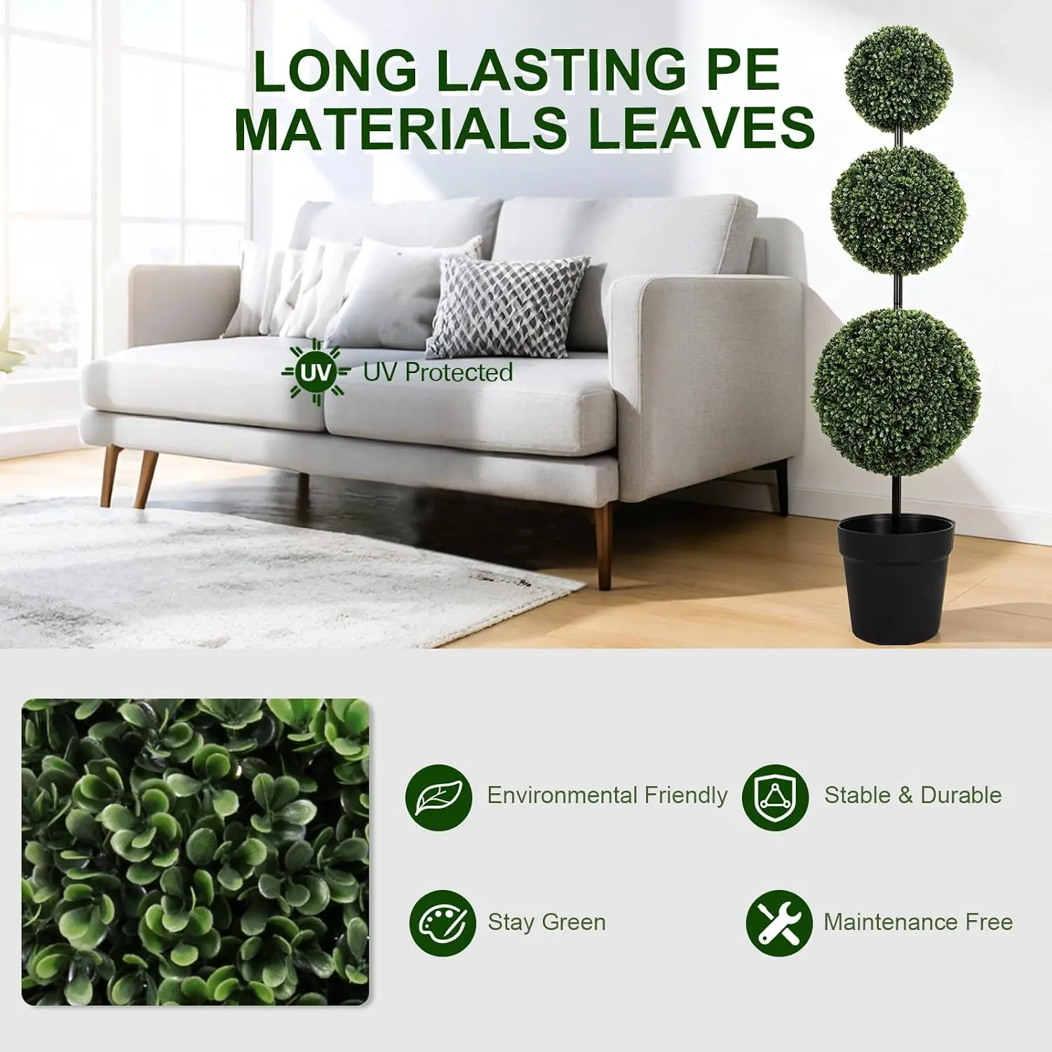 3FT UV-Resistant Artificial Triple Ball Boxwood Topiary Set of 2, All-Weather Outdoor & Indoor Decor for Garden, Porch, Entryway