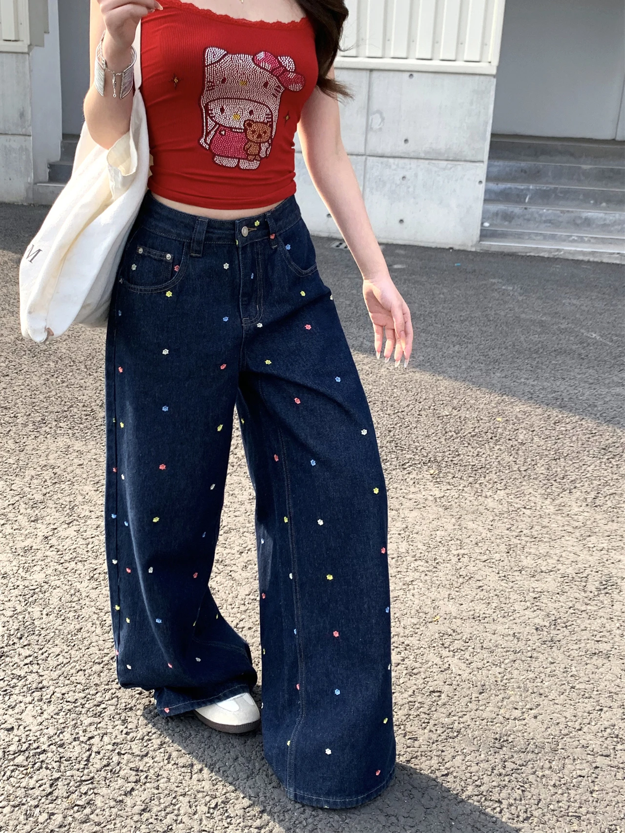

High Waist Embroidered Casual Style Wide Leg Jeans Women's Spring Anti-Aging Trendy Floor-Length Pants