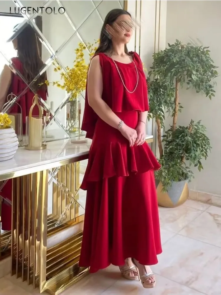 Women Sexy Party Dress Multi-layered Sleeveless Prom Red Lady Elegant Big Siwng Spring Summer Luxurious New Long Cloth