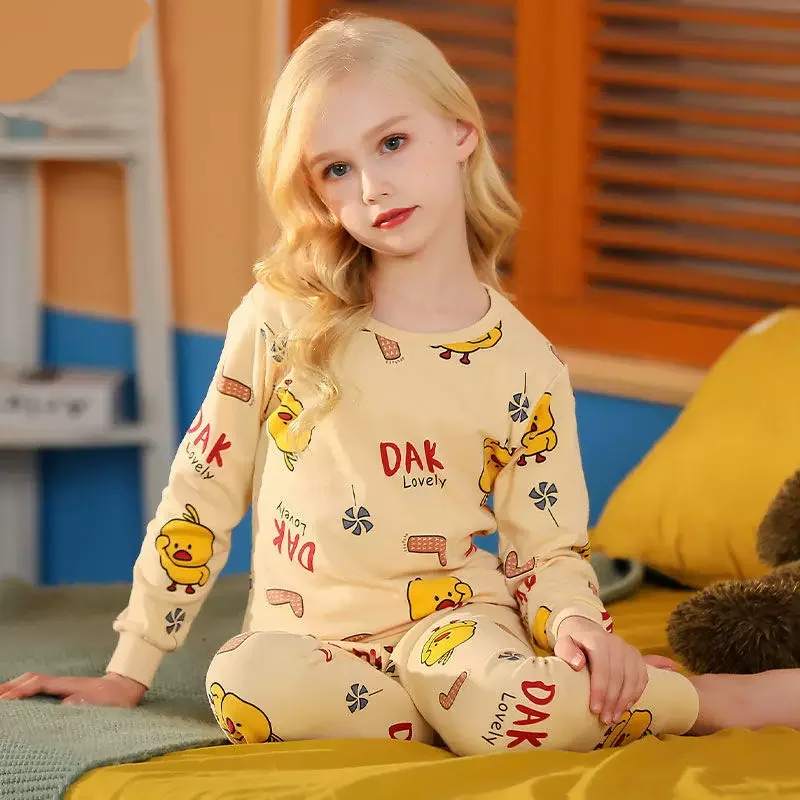 Kids Suit 100% Pure Cotton Long Johns Girls' Suit Thermal Underwear Older Children's Spring and Autumn Cotton Pajamas Homewear