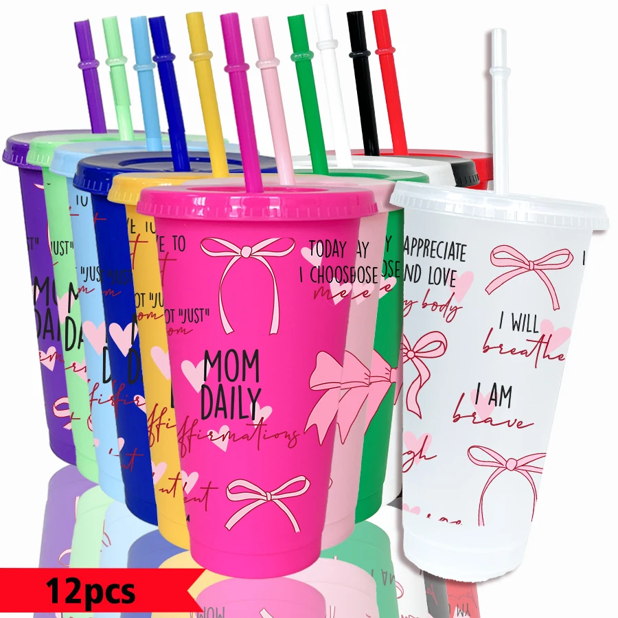 12pcs/pack Bow Heart-shaped Text Pattern 26oz Colored Plastic Party Cold Drink Cup for Back-to-school Birthday Gift