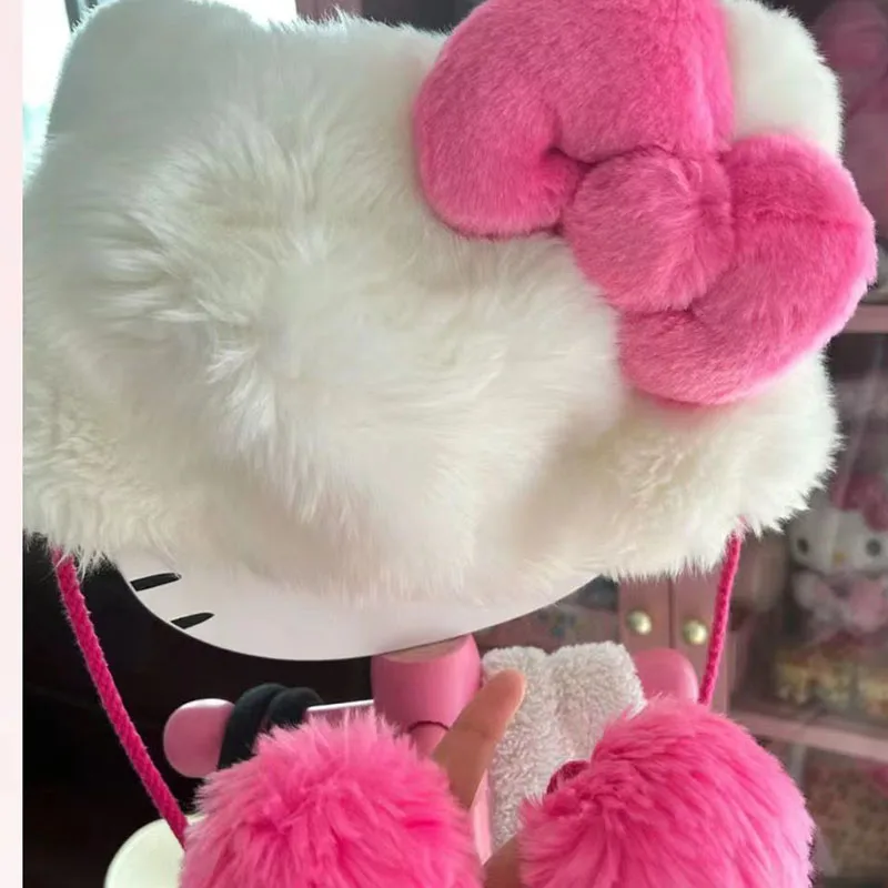 لطيف مرحبا كيتي أفخم قبعة Kawaii الأحمر القوس فروي قبعة الخريف الشتاء الفتيات موضة قبعات دافئة في الهواء الطلق حماية الأذن للنساء هدية