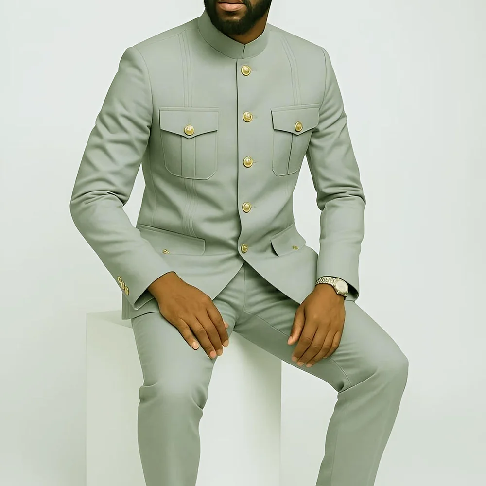 

Мужской костюм со стойкой и лацканами, высококачественный свадебный смокинг, костюм для жениха, однобортный, однотонный, красивый, модный комплект из двух предметов