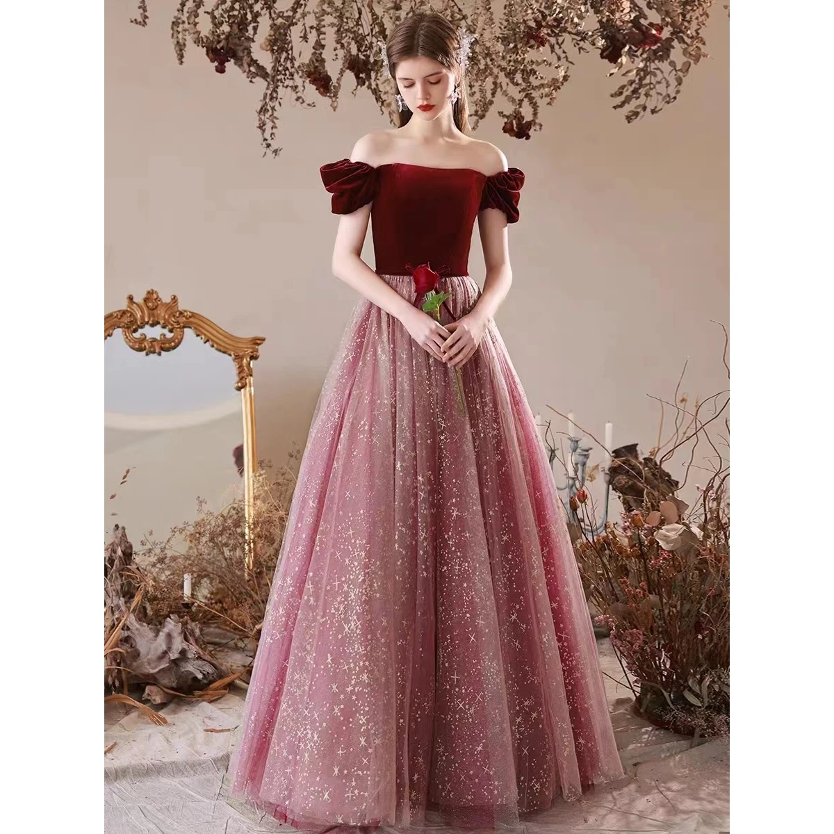 여성 튤 프롬 드레스 이브닝 가운 호스팅 기품 가을 겨울 벨벳 드레스 포멀 드레스 여성 우아한 파티 드레스