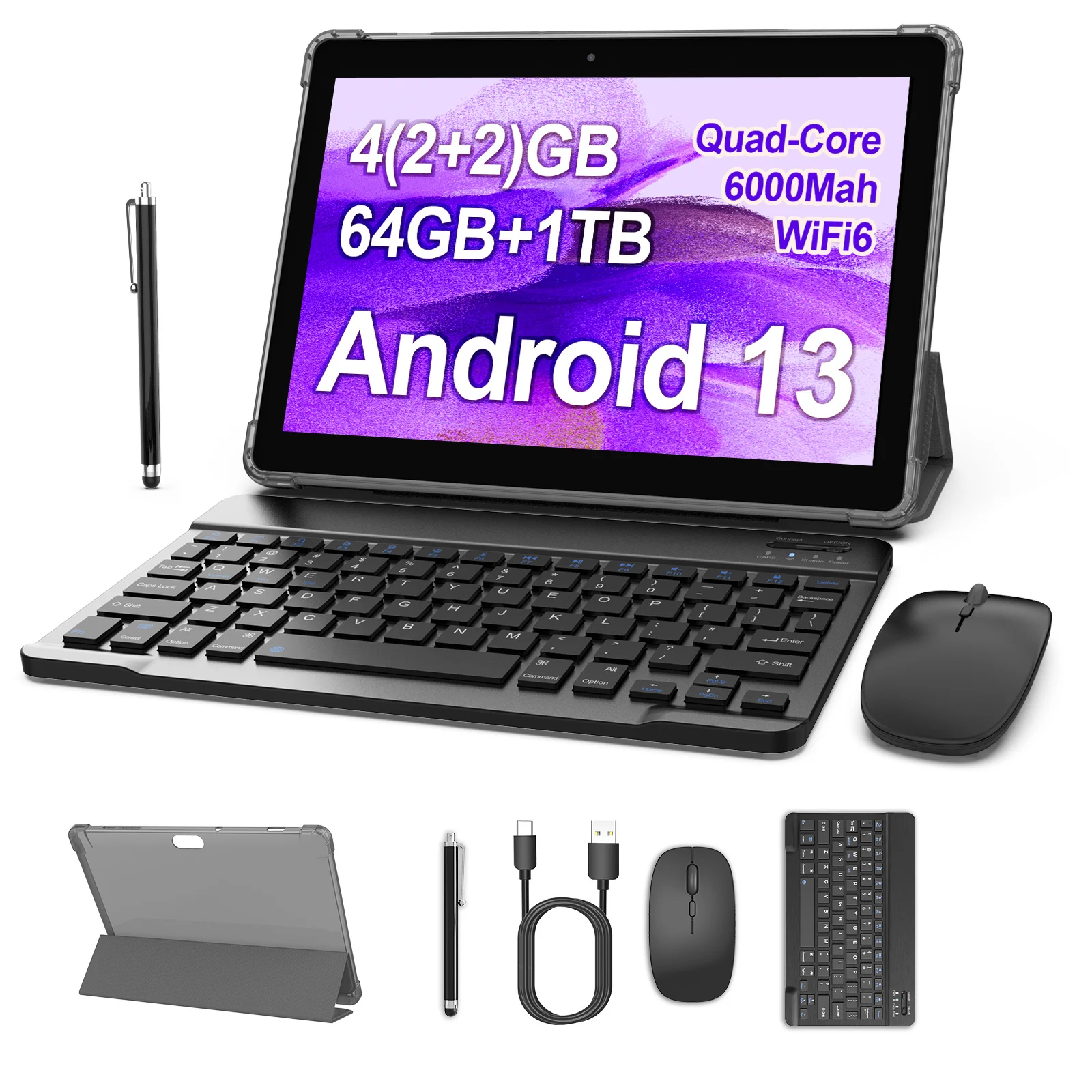 

BAKEN 10.1-inch Android13 tablet, 4(2+2)GB+64GB, quad-core processor, dual cameras, wifi, Bluetooth, 2-in-1 tablet