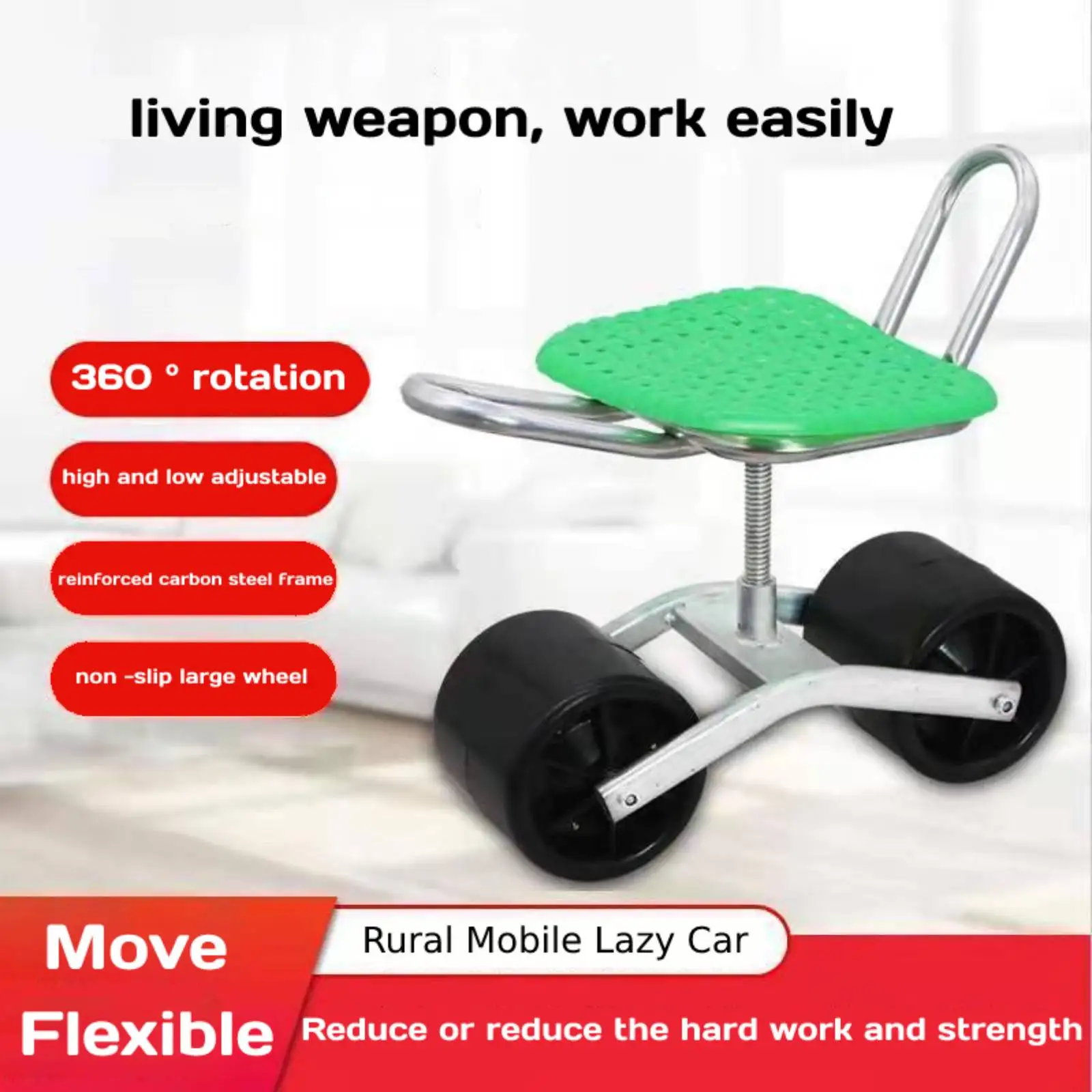 Adjustable Swivel 360° Rotating Working Seat Garden Trolley Rolling Rolling Stool Seat for Garden Greenhouse Lawns Yards