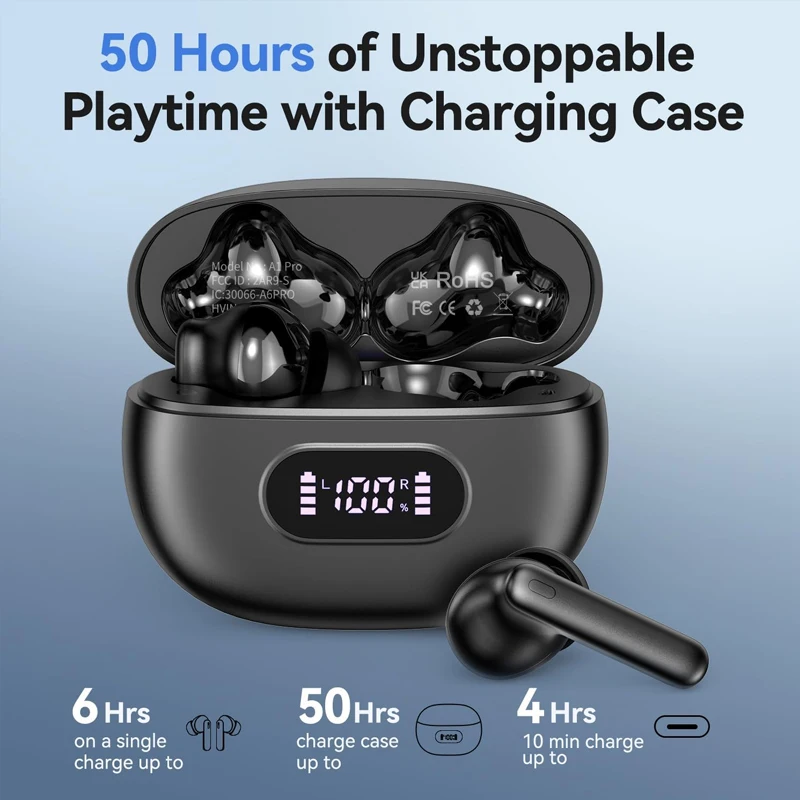 Premium HiFi Stereo Wireless Earbuds and Earphone Headset with Smart LED Display and 50H Ultra Playtime Sound for Travel
