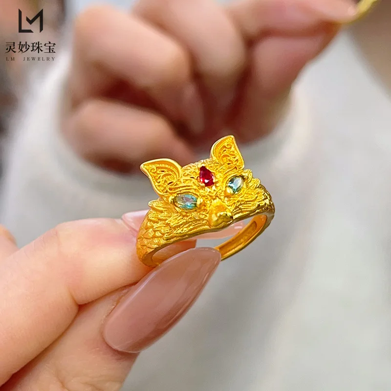 

Роскошные ювелирные изделия из настоящего золота 9999, кольцо с лисой, трехмерное регулируемое кольцо с лисой, изысканный подарок для девочки