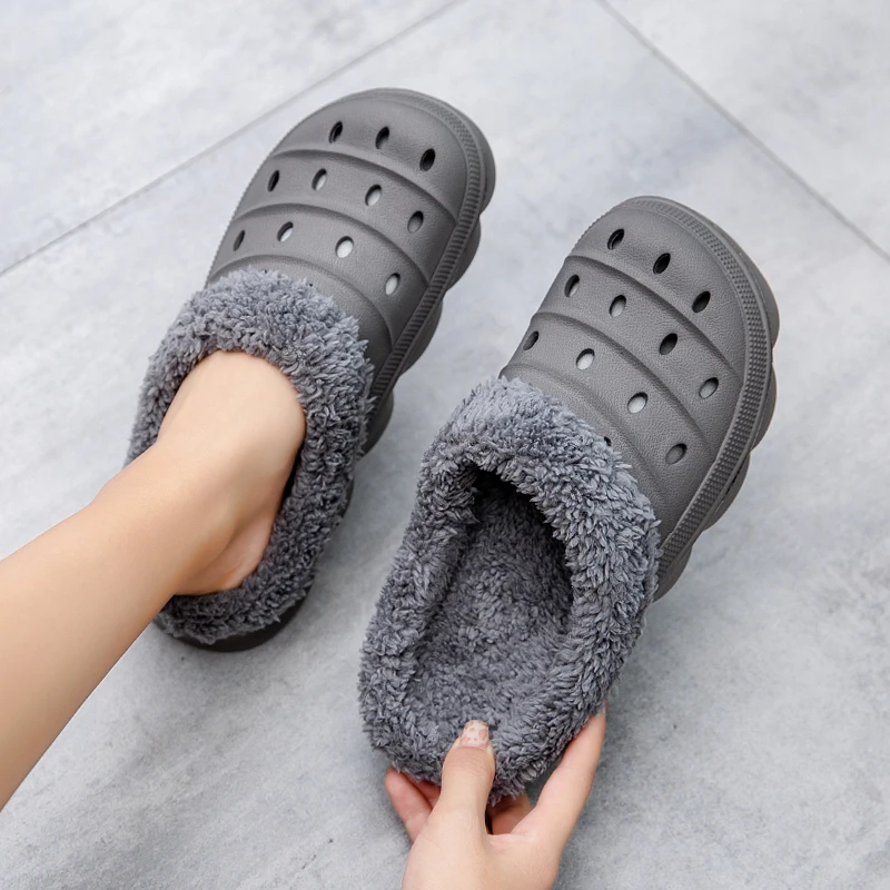 Men's and Women Household Cotton Shoes Waterproof EVA Warm Fur Bag Slippers Outdoor Flat Bottom Anti Slip Plush Winter Slippers