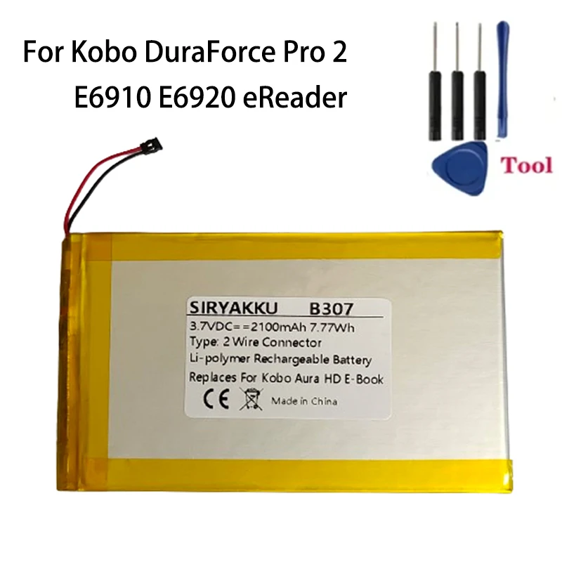 Rechargeable Battery For Kobo DuraForce Pro 2 E6910 E6920 eReader 3.7V 2100mAh Lithium-Polymer Batteries 2wire Plug