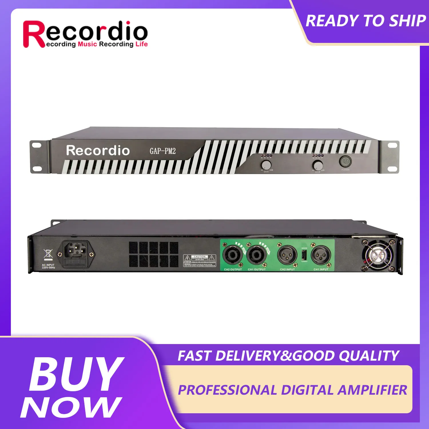 GAP-PM2 Recordio New Professional 2-Channel 600 Watt Power Amplifier 1U for Stage Churches Schools