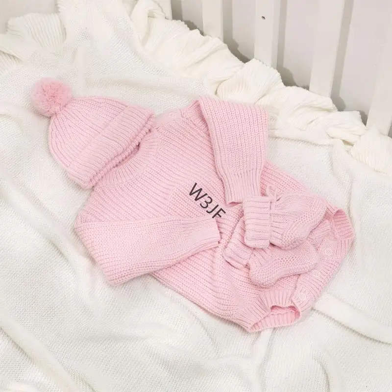 

W3JF Newborns Knit Romper Set with Hat and Socks Soft Breathable Outfit 0-6 Months