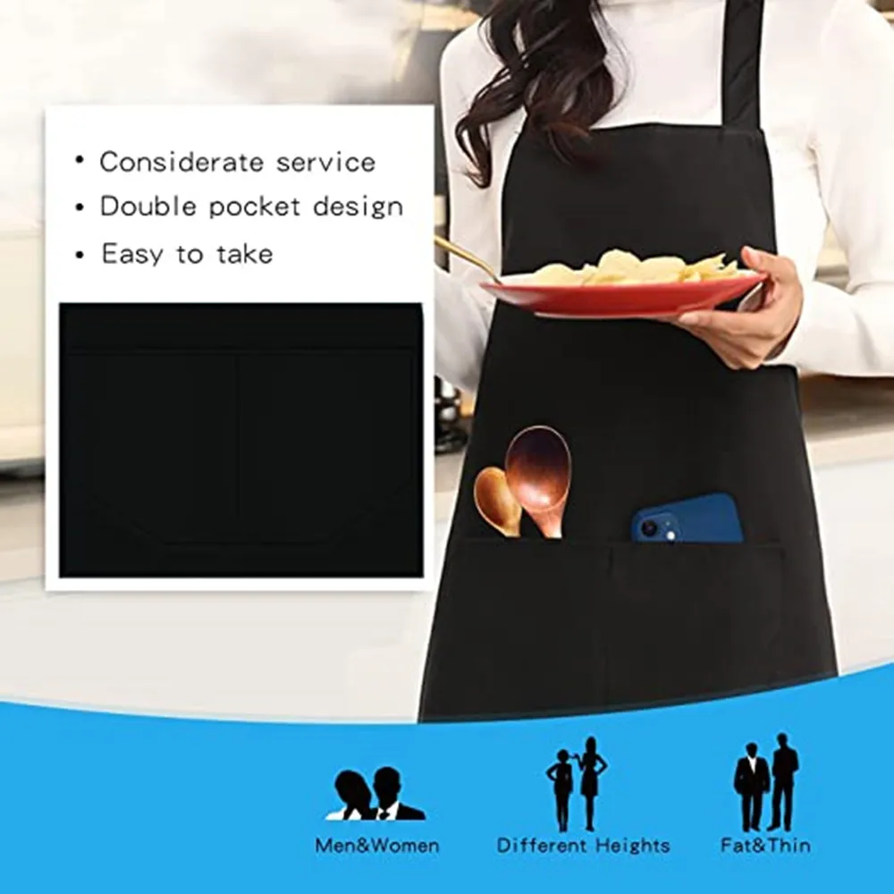 2 Pack Adjustable Bib Apron Waterdrop Resistant with 2 Pockets Cooking Kitchen for Women Men Chef, Black