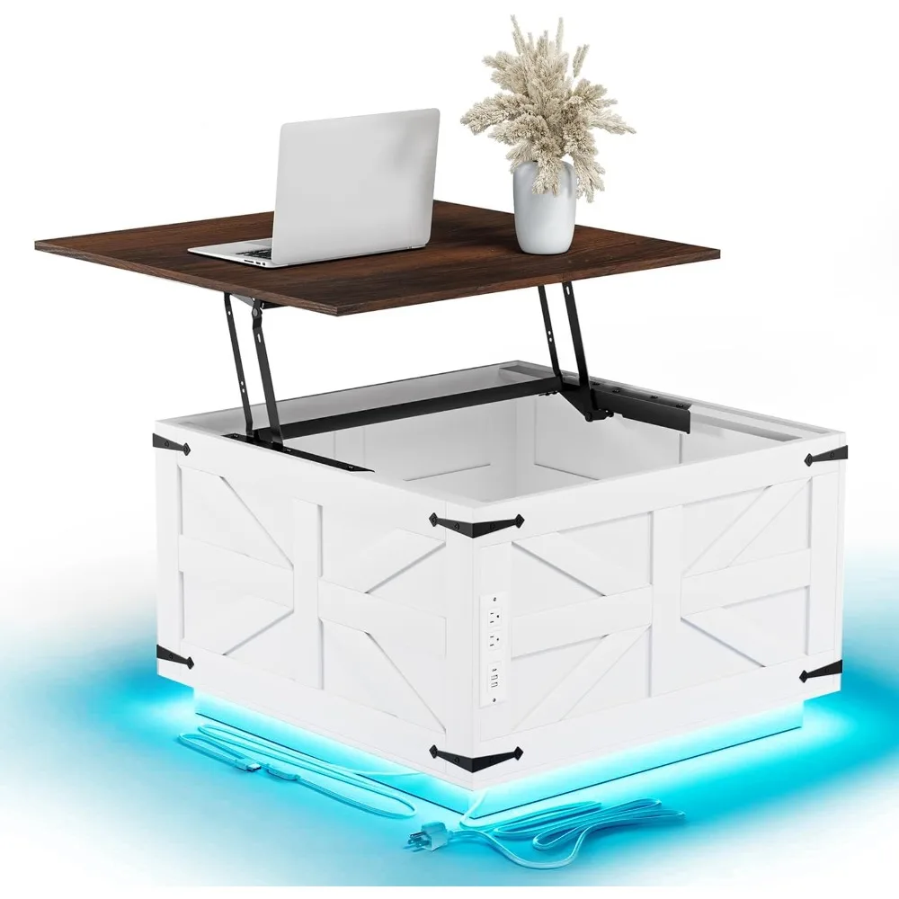 

Журнальный столик с подъемным верхом и розетками для хранения в фермерском доме, квадратный деревенский центральный стол для гостиной, светодиодные фонари, на петлях