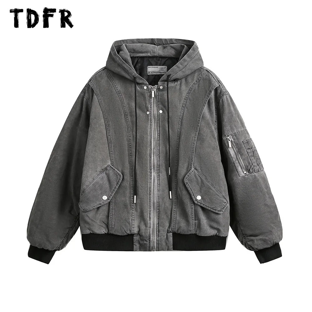 

Pocket Spliced Hooded Denim Quilted Jacket Mens Washed Distressed Winter Streetwear Long Sleeve Padded Jacket Men