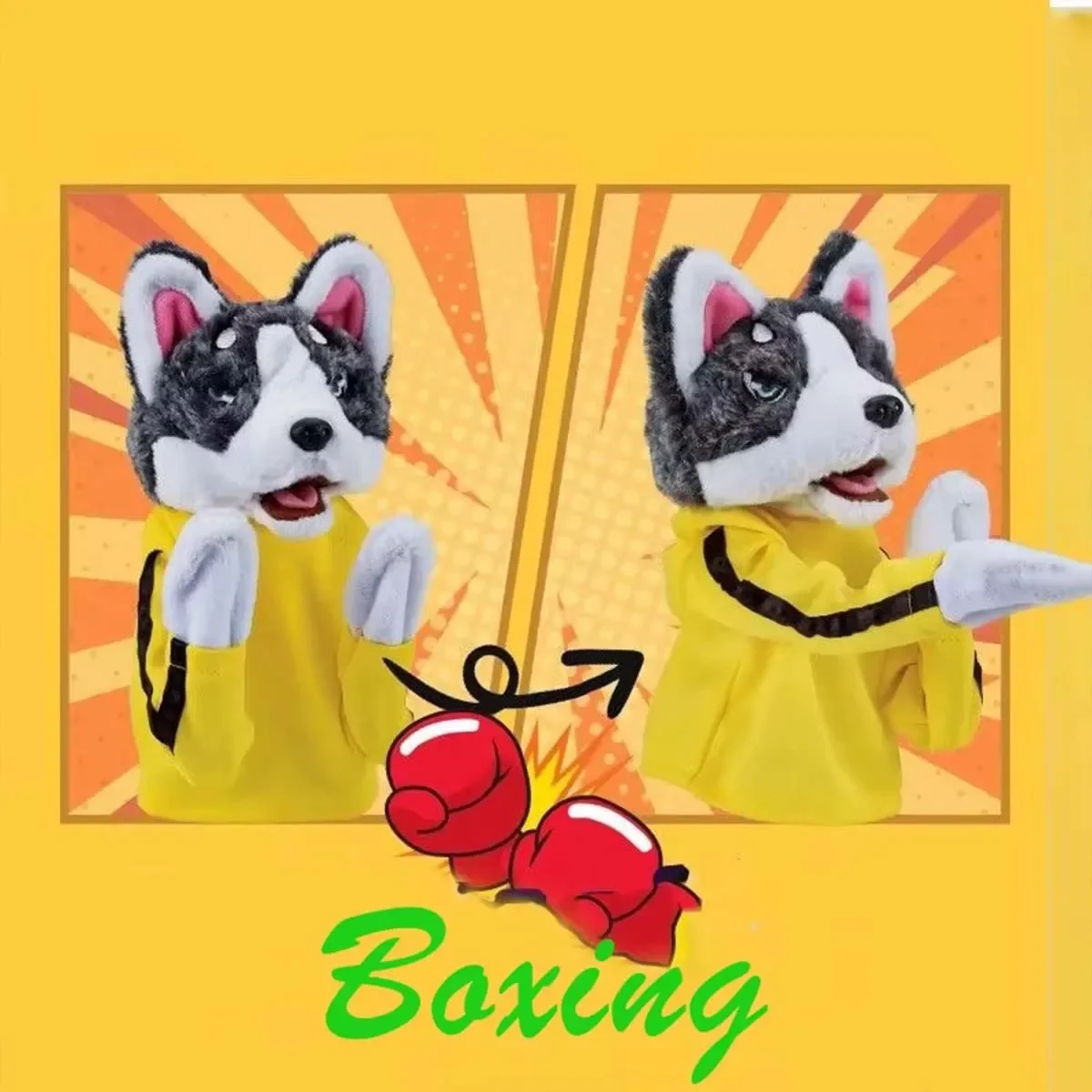 Husky Boxing Interaktives Plüschtier, Kung-Fu-Hund mit Sound, Boxspielzeug, Plüschpuppe mit Sound, Interaktive Boxhund-Handpuppe – Detail 7