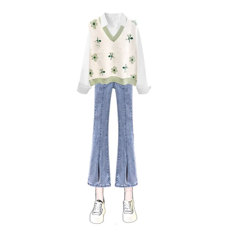 Spring and Summer Gentle Style Wear Women's 2023 New Slim Academy Style Knitted Vest White Shirt Jeans Three Piece Set