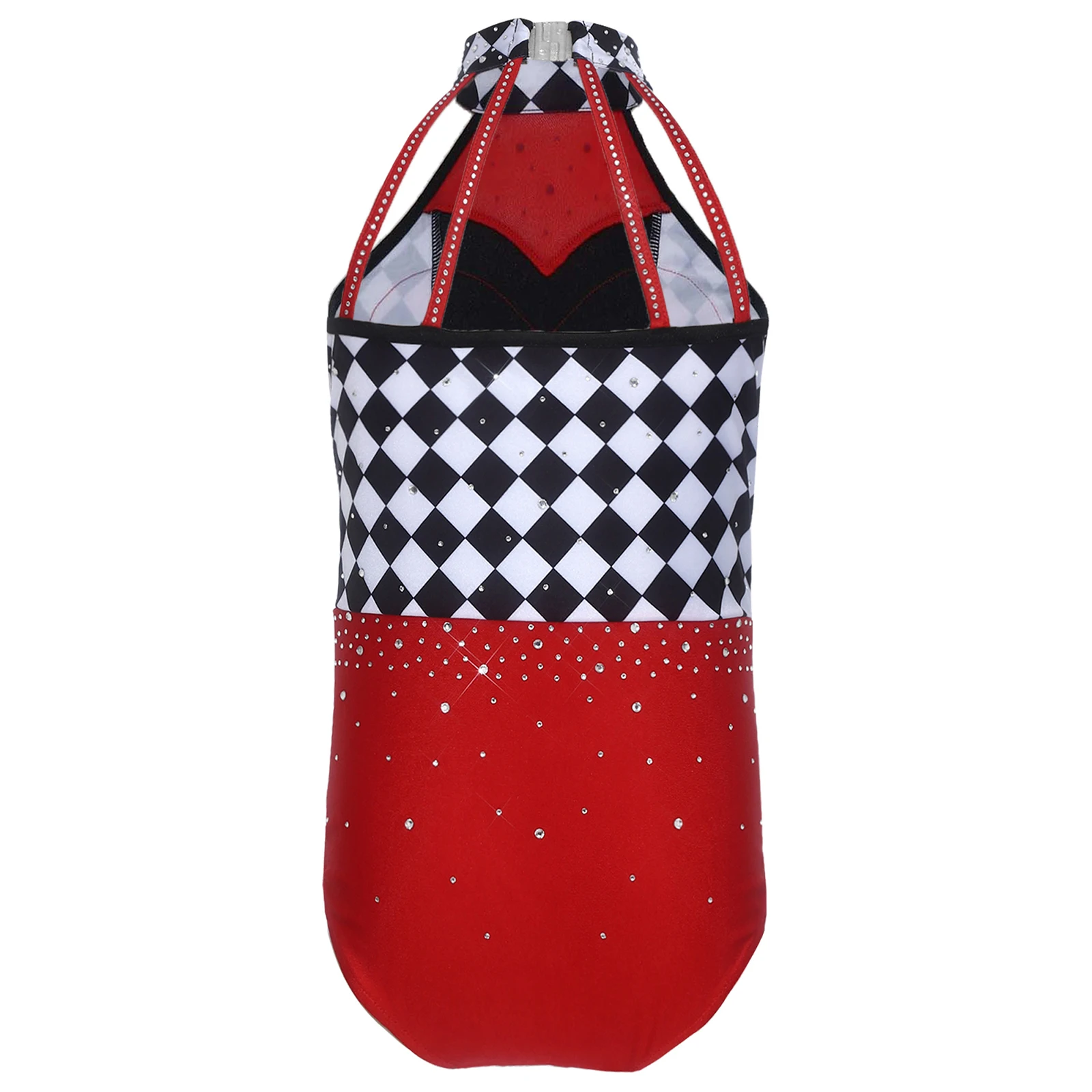 Kids Girls Heart Queen Dress Up Halloween Circus Costume Jumpsuit Rhinestones Halter Sleeveless Checkerboard Leotard Bodysuit image 2