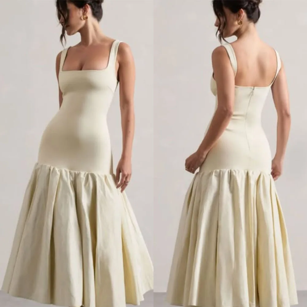 

High Quality Customized Square Collar Wrinkle White Sleeveless Wide Suspenders Ankle Length Vestidos Para Bodas Mujer Invitada