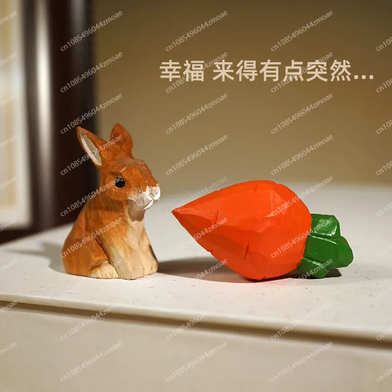 Sitting bunny handmade wood carving small ornament carrot cute wood carving curing cartoon desk ornament easter small gift