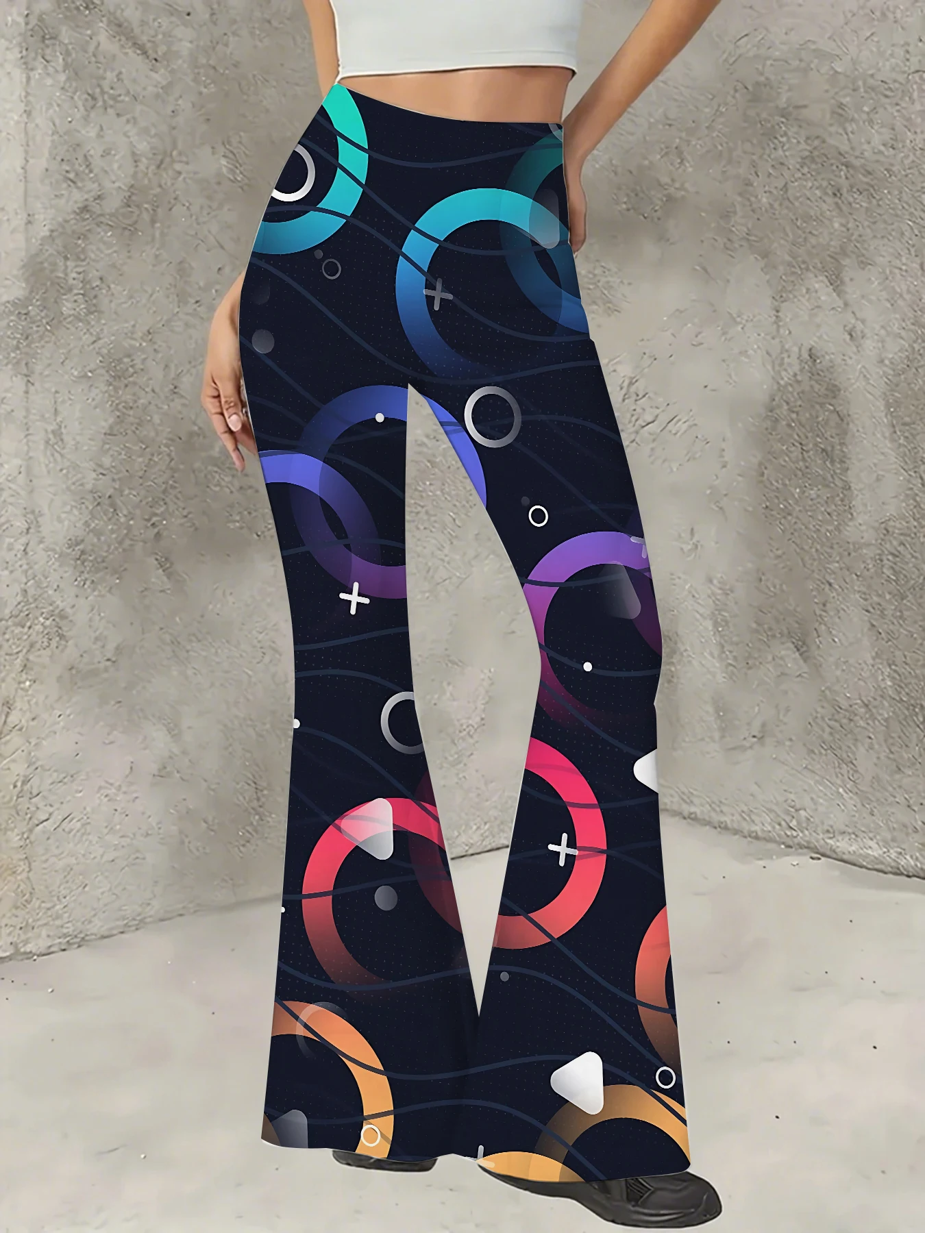 

Women's Striped Print Flare Pants Loose Fit Knit Wide Leg Bell Bottom Trousers