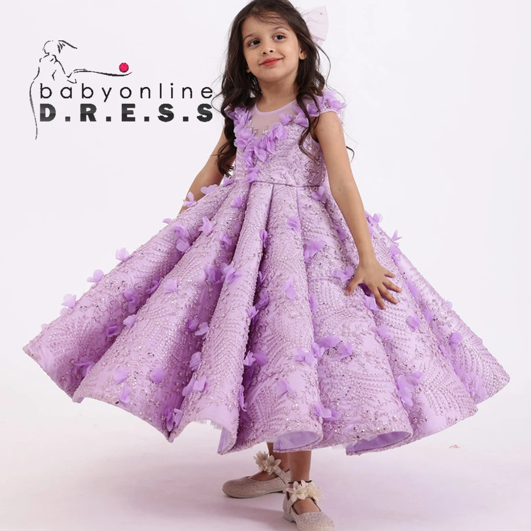 BABYONLINE Customzied Birthday Dress for Girl Princess Pearl Ball Gown Sleeveless Ball Gown 3D Florals Appqulies Long Maxi Skirt