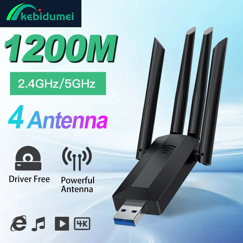 

Kebidumei 1200 Мбит/с Wi-Fi USB-адаптер двухдиапазонный 2,4G 5 ГГц Wi-Fi ключ 4 антенны высокоскоростной беспроводной приемник карт для ПК/ноутбука