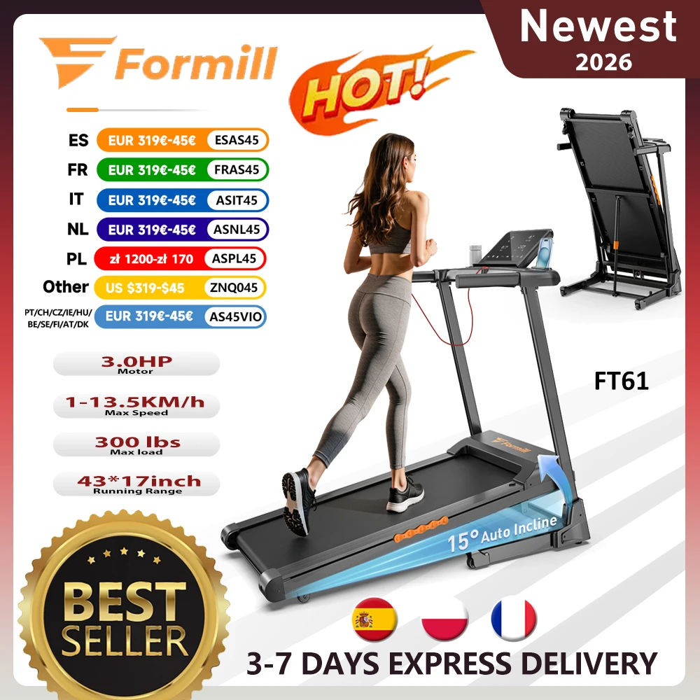 Tapis roulant pliable Formill FT61 3.0HP, 15 °   Incline, 13,5 km/h, ceinture 17 × 43 pouces, charge de 300 lb, silencieuse, LCD, amortisseur pour la maison