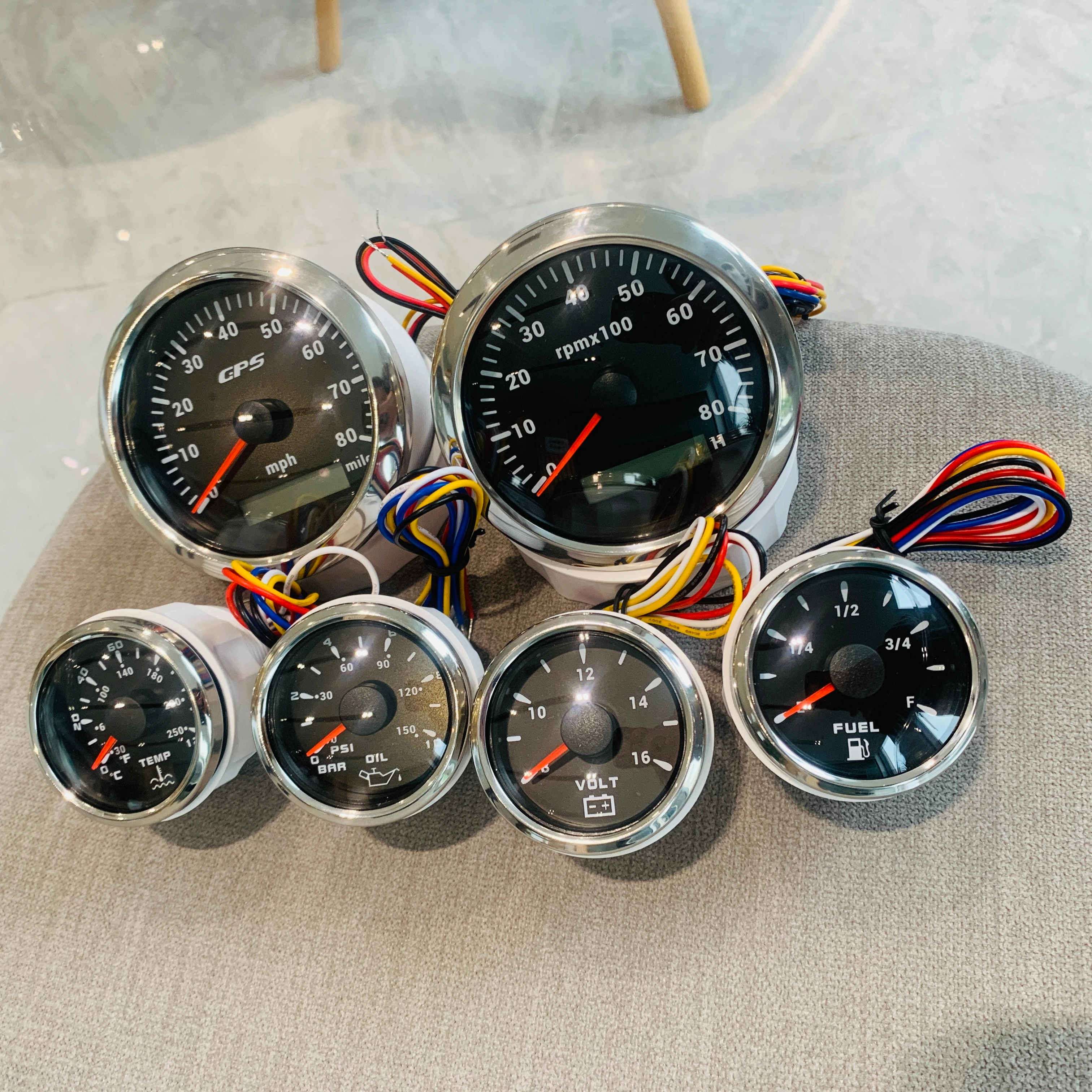 Fuel Water Tachometer Speedometer Voltmeter Diesel 6 Gauges Set GPS
