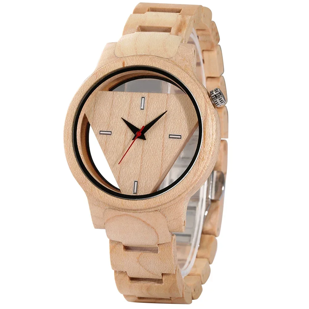 New Light Colored Triangular Hollowed Out Trendy Design Men's Wooden Watch Casual Fashion Men's Accessories Quartz Watch