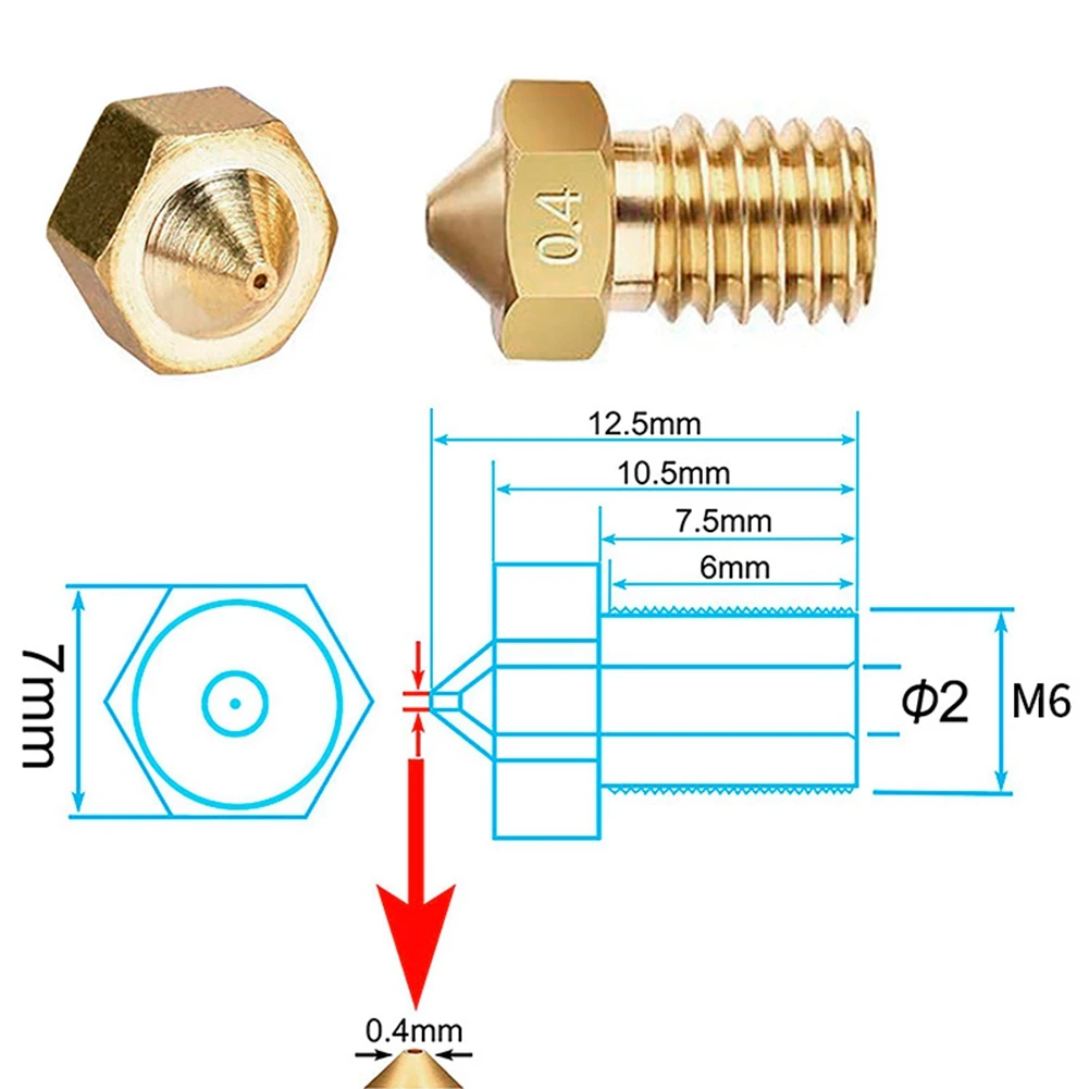 For E3D Nozzle Brass V6 M6 Thread Hard Steel Brass Nozzles for 1.75mm Filament E3D Hotend Extruder 3D Printer Parts