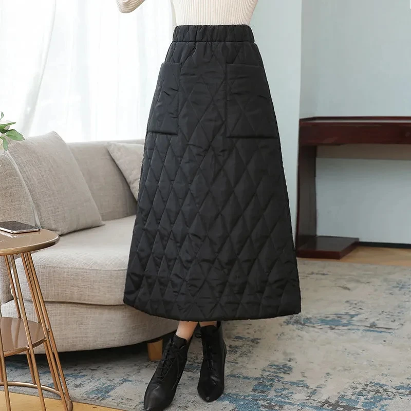 New women winter long windproof elastic waist skirt and down cotton solid color striped straight office skirt