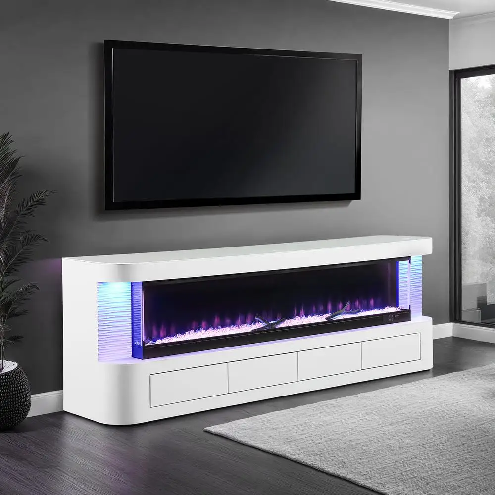 Soporte de TV blanco contemporáneo con chimenea eléctrica, caja de llama para sala de estar, compatible con televisores de hasta 65 pulgadas